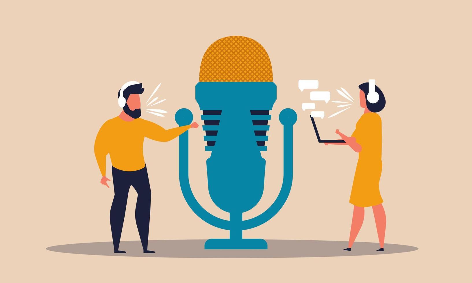 Radio podcast with man and woman. Interview with headphone headset on air speech microphone vector illustration concept. Live news discussion character and streaming conversation network broadcasting
