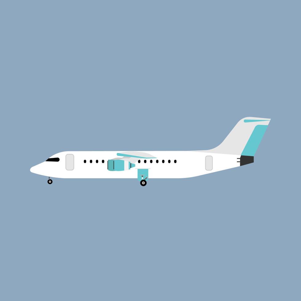 Airliner transportation journey white plane side view. Tourist travel airbus vector flat
