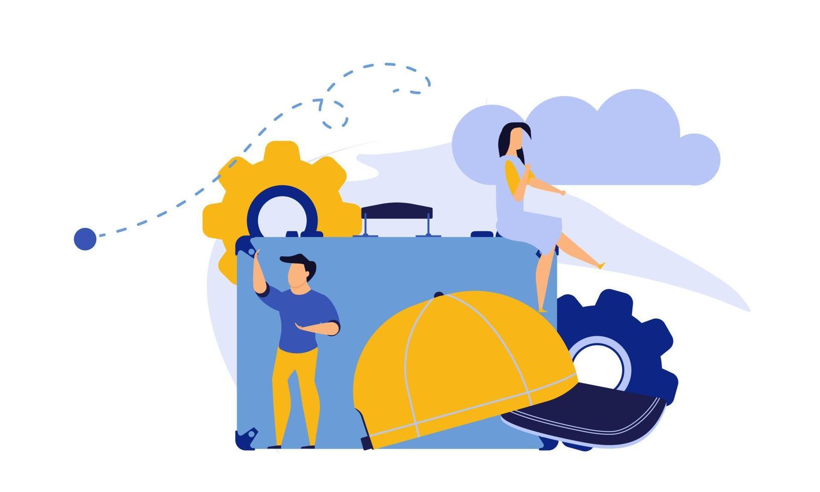 Challenge journey man and woman vector concept illustration with suitcase,ball,cap. Business achievement career success goal. Target aim direction way. Travel motivation job banner. Trekking adventure