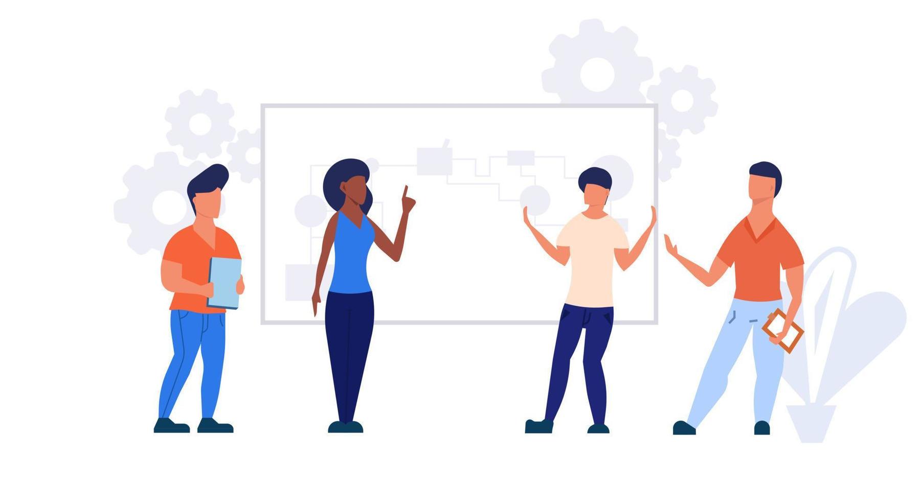 People discussion office business presentation. Teamwork meeting man and woman communication group. Conference concept set strategy seminar. Brainstorming talk company conversation leader human vector