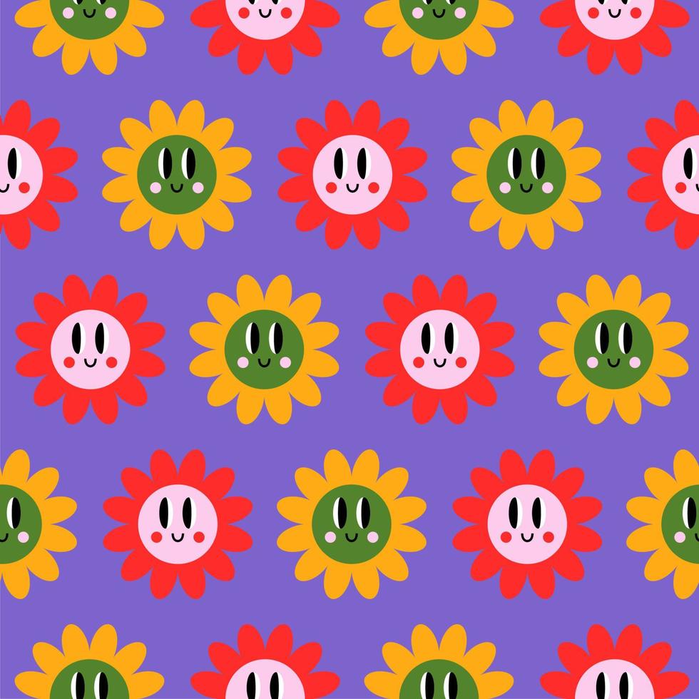 Seamless groovy pattern with retro cartoon flowers. 70s psychedelic trippy print for graphic tee in y2k style vector