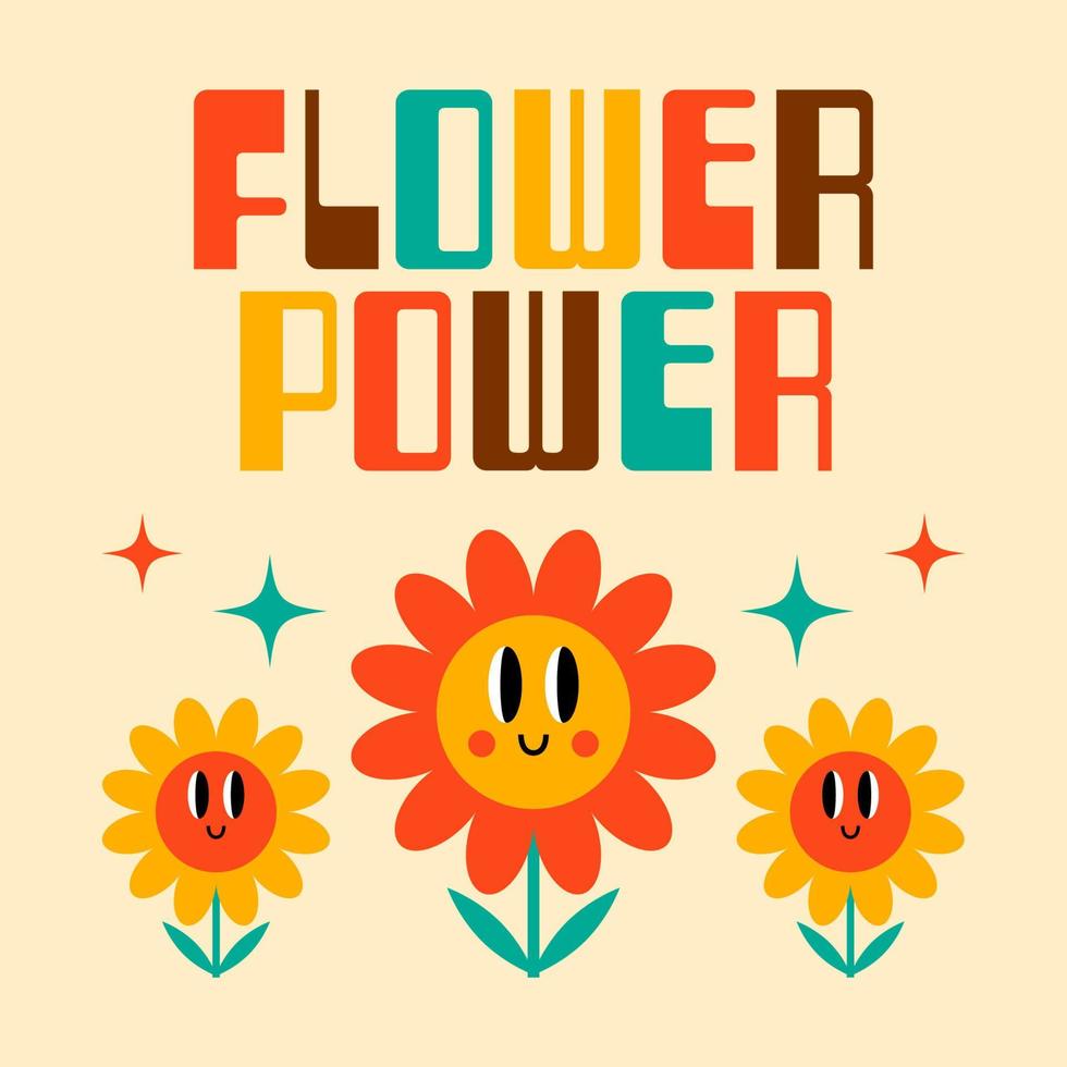 lema maravilloso retro flower power. impresión de moda para camiseta gráfica con personajes de dibujos animados de flores. ilustración vectorial colorida en estilo vintage, nostalgia de los años 70 y 60. vector