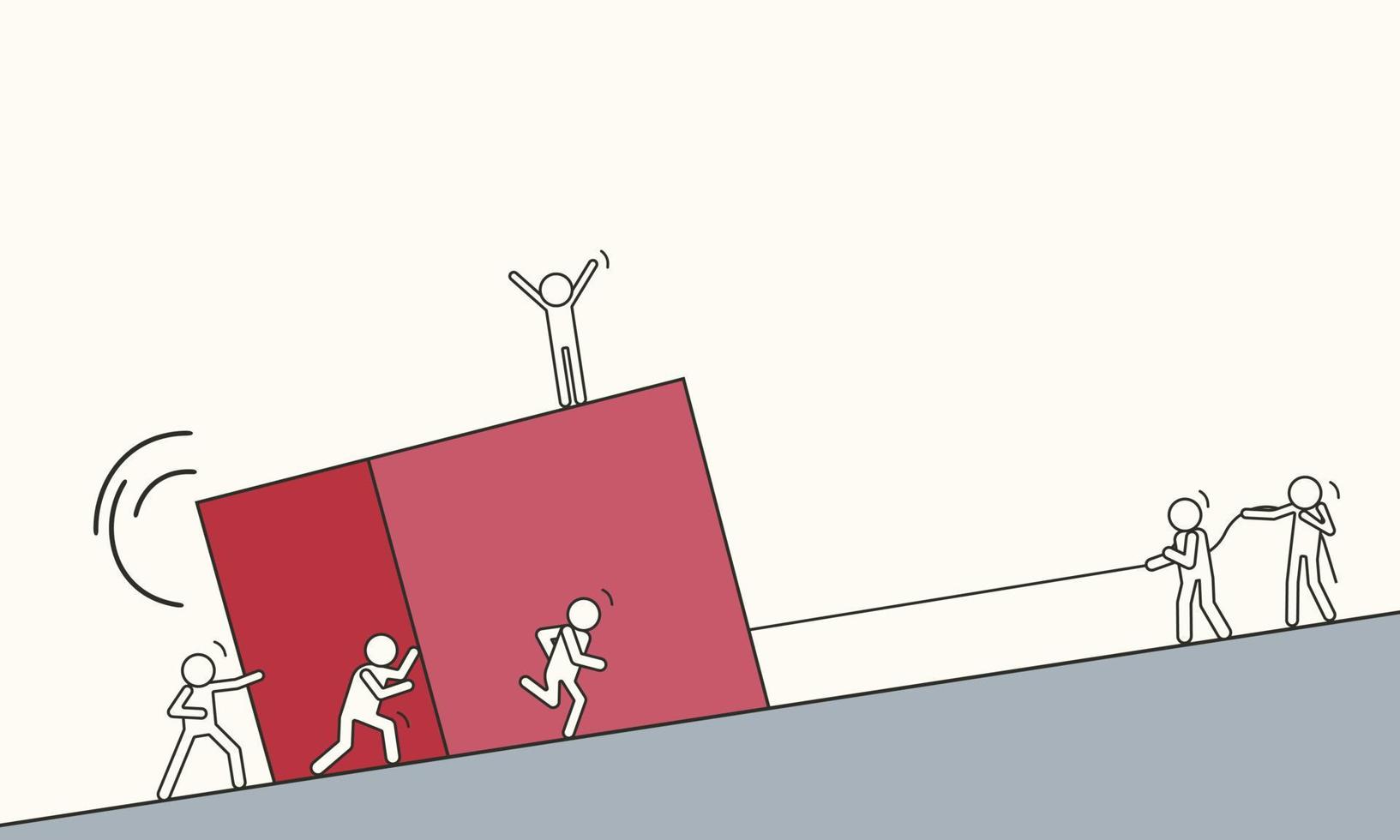 Little drawn people lift a big red cube up the mountain together. Vector illustration of team cohesion
