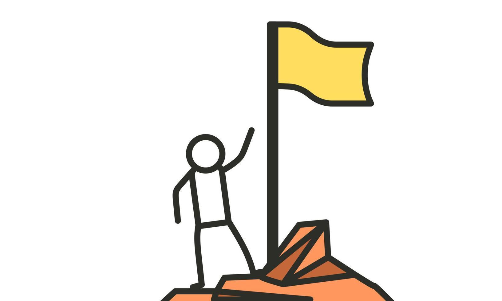 Man climbed to the top mountain with flag flat illustration achievement concept. Business goal leadership career winner. Climb growth employee motivation vision. Up hill direction challenge peak vector