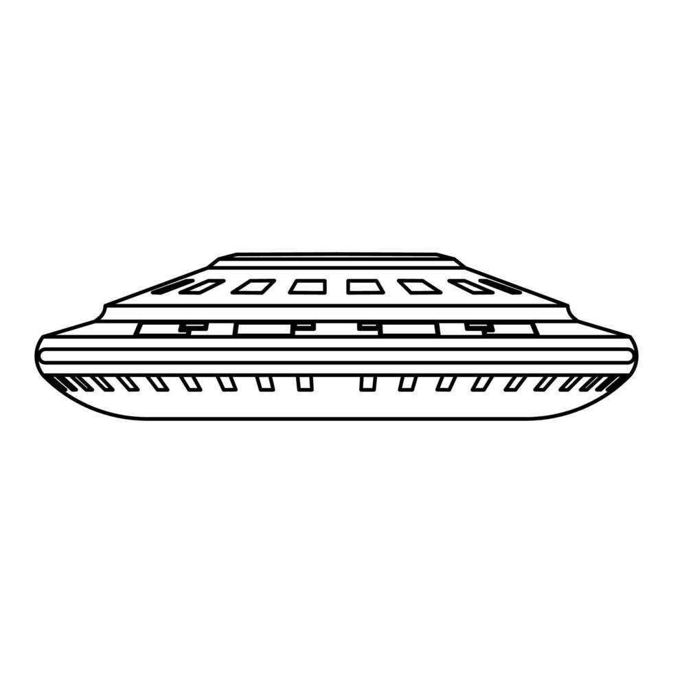 UFO vector icon illustration alien spaceship outline. Space flying science technology symbol and futuristic vehicle isolated white background line thin