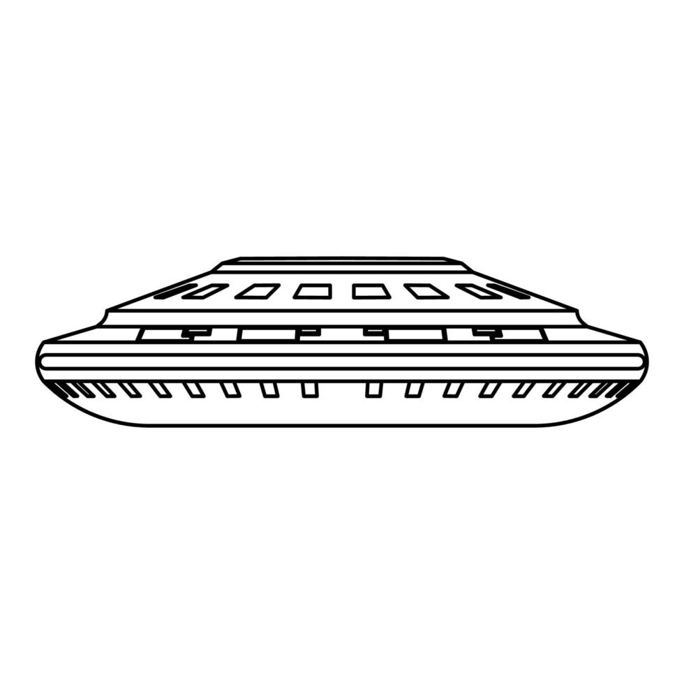 UFO vector icon illustration alien spaceship outline. Space flying science technology symbol and futuristic vehicle isolated white background line thin