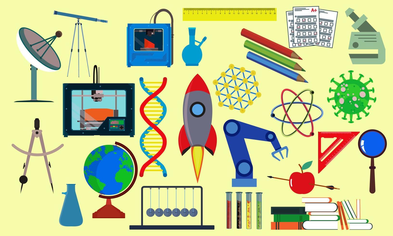 elemento científico para la educación y el laboratorio de química. Experimente el símbolo y estudie la ilustración del vector del icono del elemento. conjunto de equipos de física y objetos de tecnología de investigación. colección de descubrimientos científicos