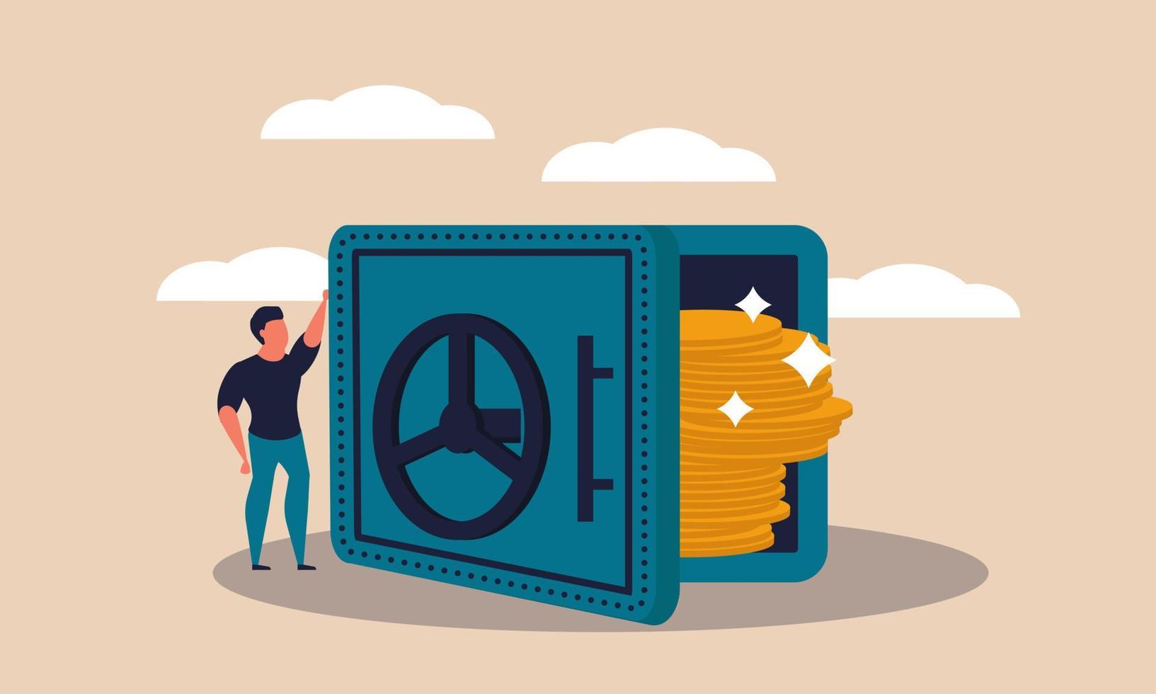 Finance access lock and financial gold cash insurance opportunity. Man with key and money vector illustration concept. Deposit encryption with padlock and commerce credit success. Business investment