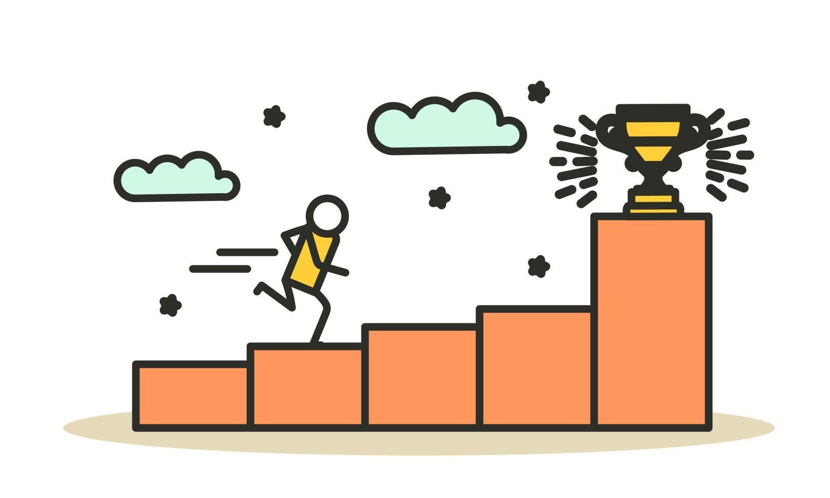 Achievement target career challenge vector flat illustration. Woman kpi walking steps to gold cup. Job journey business success leader ambition. Goal progress up climbing performance banner