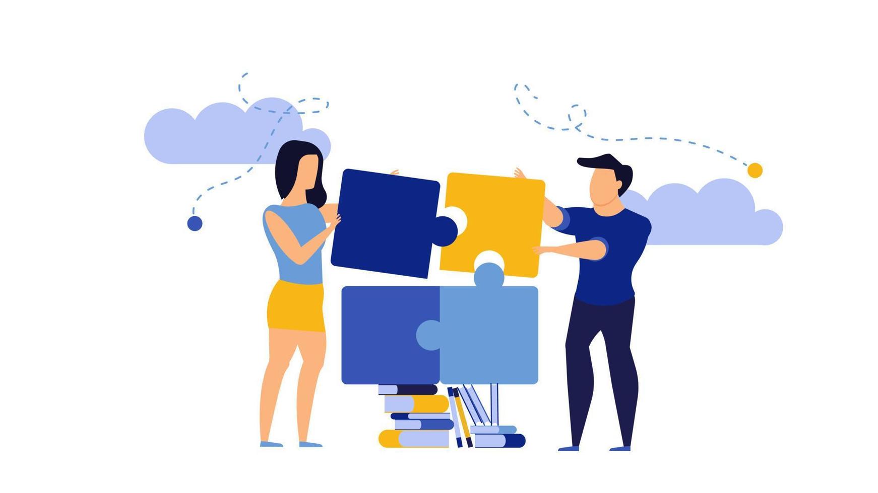 Puzzle teamwork man and woman business partnership communication. People work with books vector concept illustration. Together create piece jigsaw solution. Cooperation office human idea. Planning job