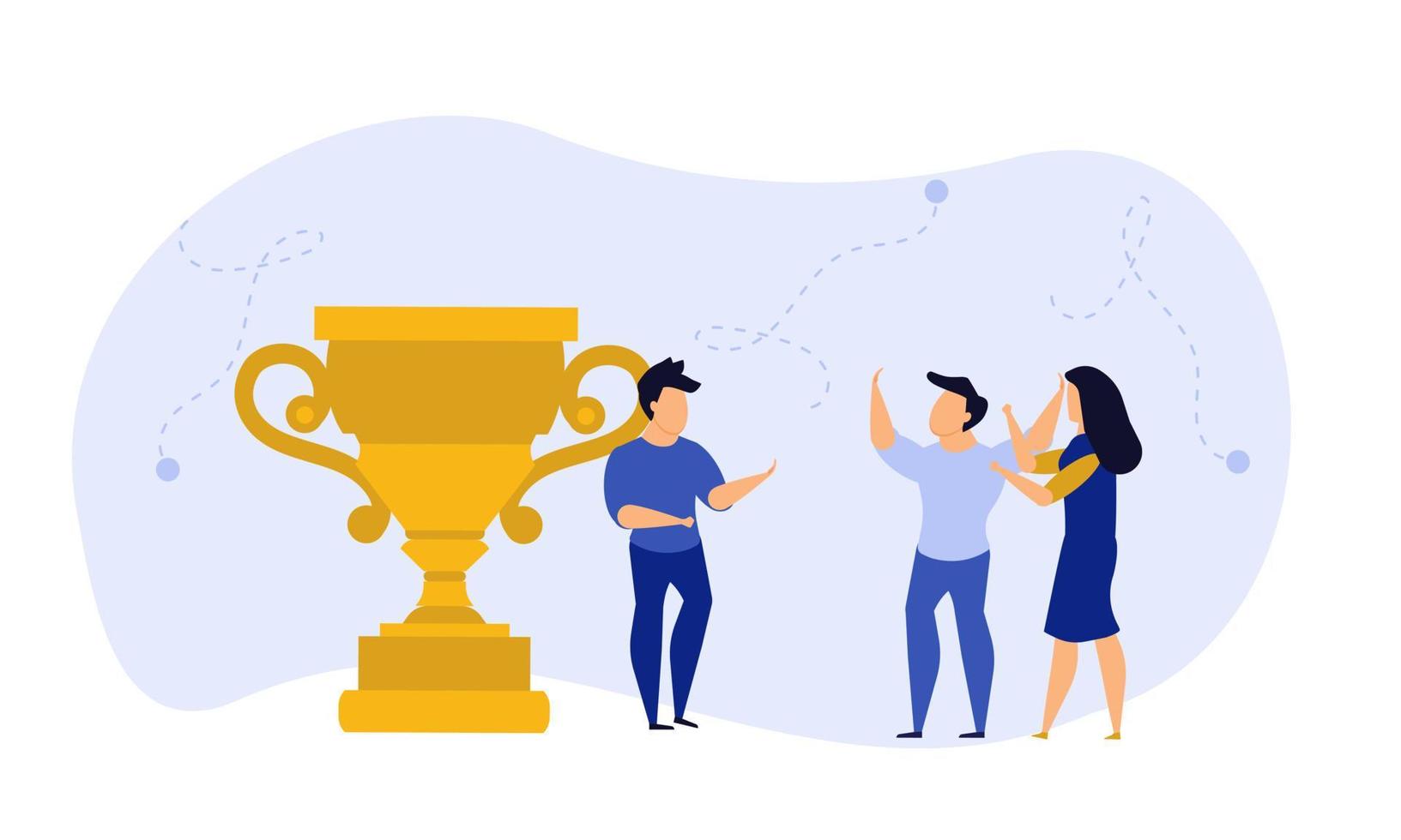 Business people winner prize customer vector illustration employee. Man and woman celebration first quality rank. Office people reward cup trophy up success. Award leader victory goal challenge