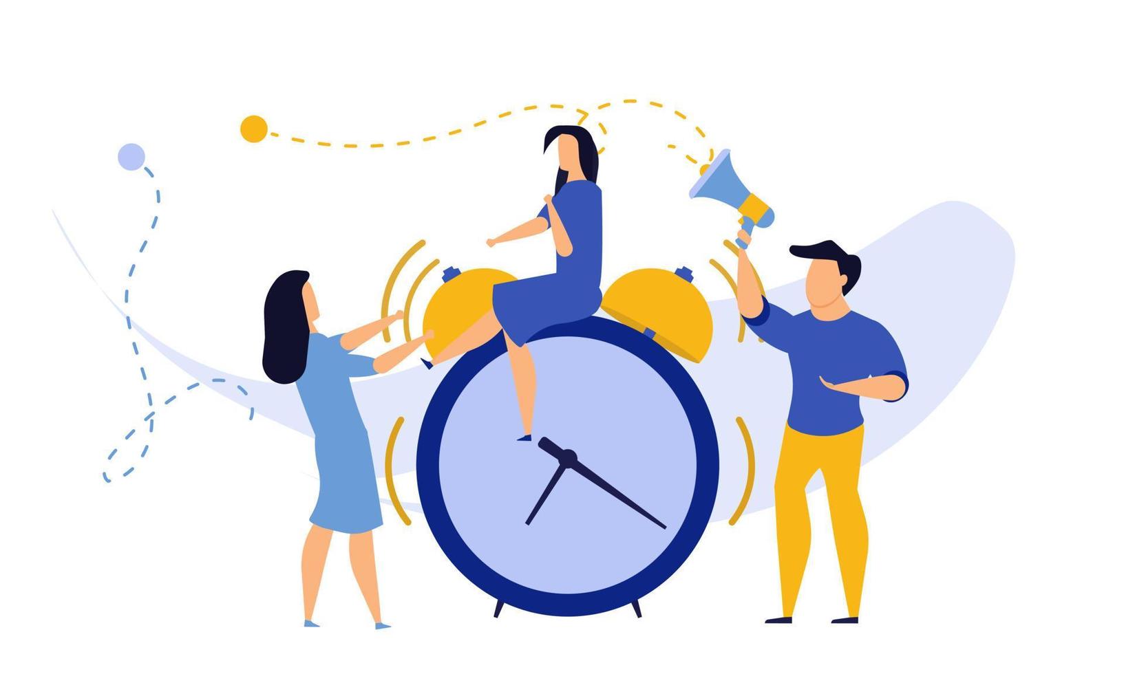 Morning time for business people work icon. Man and woman concept vector illustration flat office banner. Schedule planner date clock event. Deadline team alert bell problem network stress