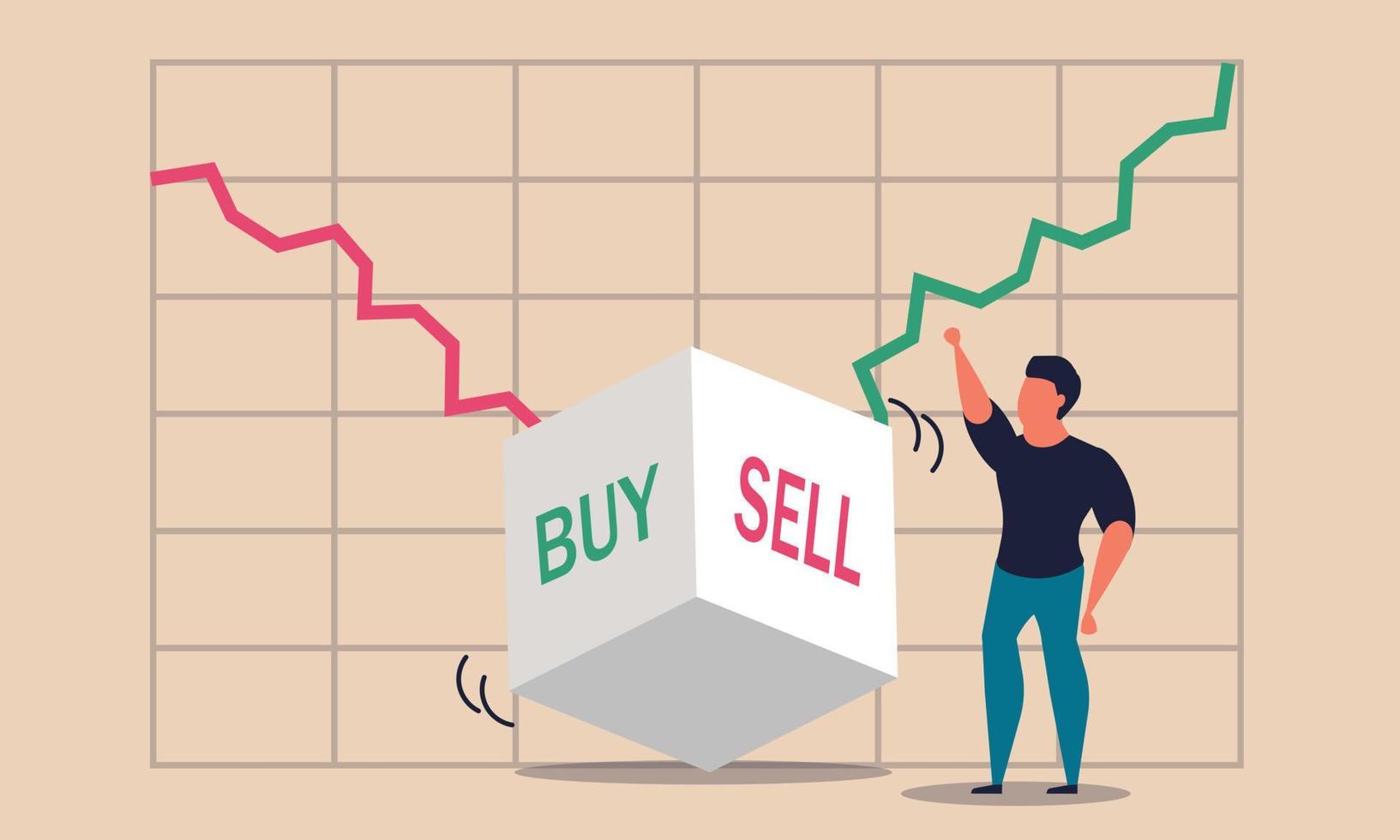 Stock invest and sell or buy betting dice. Choice exchange and risk uncertainty diagram vector illustration concept. Global strategy trading and investing money. Business chance bet and finance chart