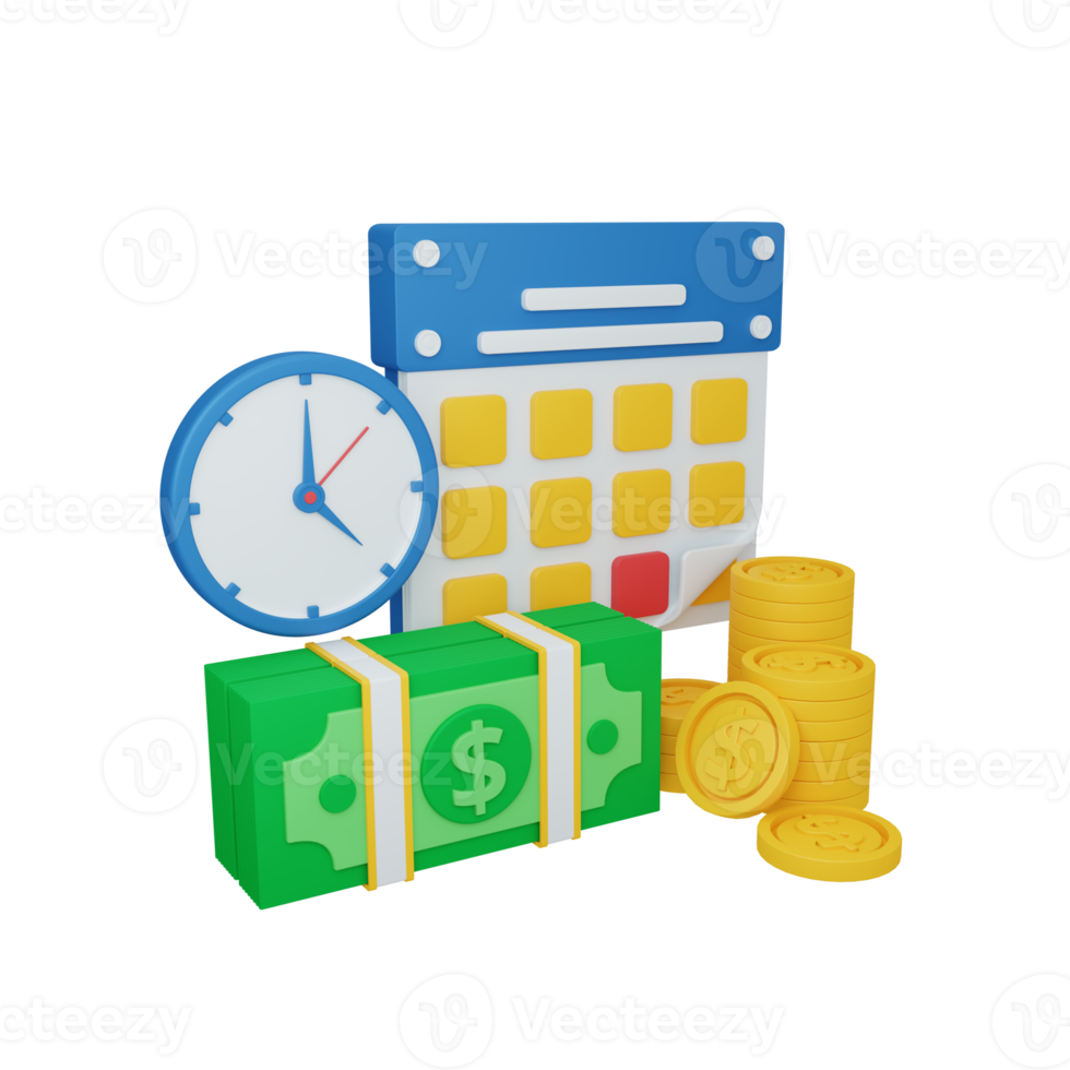 El tiempo de representación 3d es dinero aislado útil para el diseño de negocios, moneda, economía y finanzas png