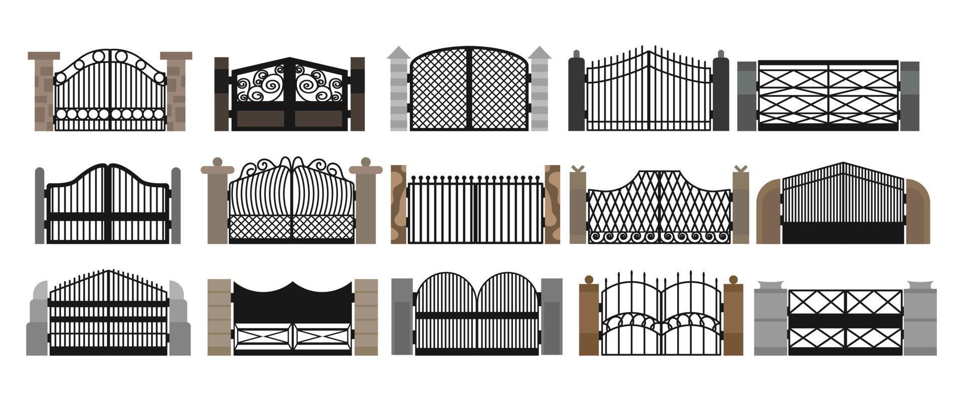 puerta con puerta de valla de hierro y decoración de dibujos animados de metal. entrada frontal de la ilustración de vector de rejilla de hierro. antigua celosía forjada y adorno de marco clásico para parque. estructura de acero de seguridad