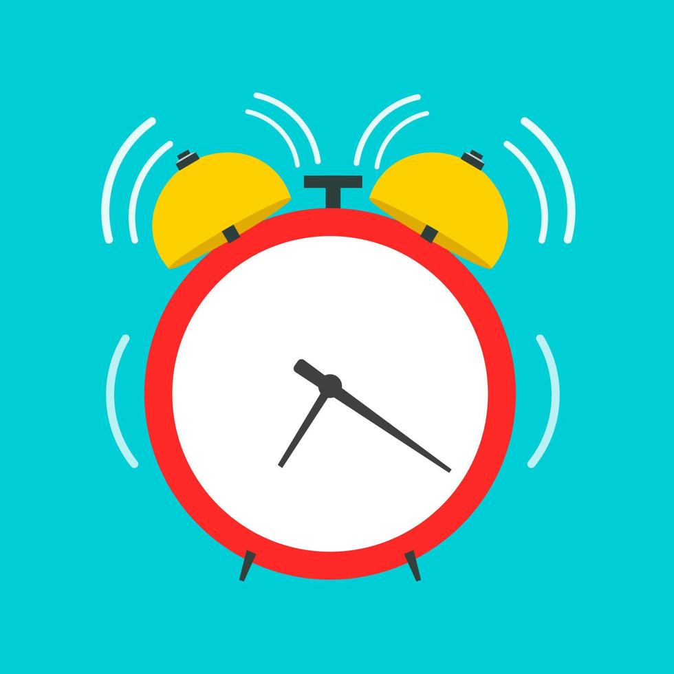 Alarm clock vector front view flat icon. Work time retro red round reminder