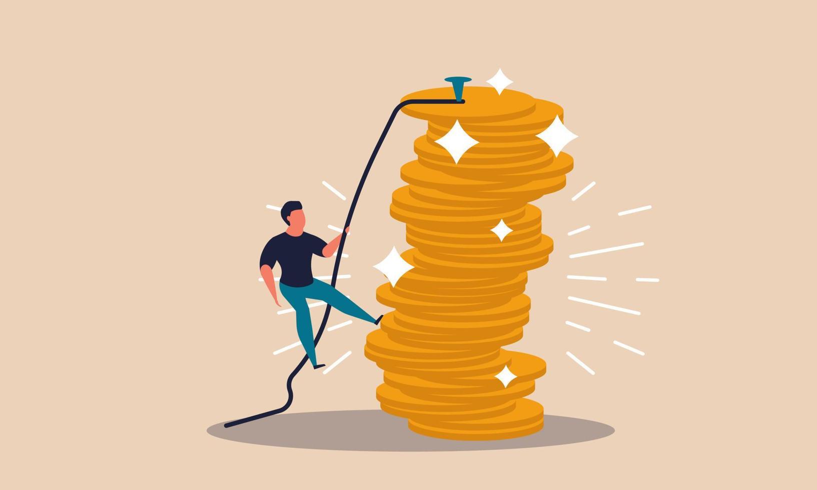 Money bank budget and finance ladder. Financial risk up and golden growth climb vector illustration concept. Monetization people and deposit coin investment. Development currency capital economic