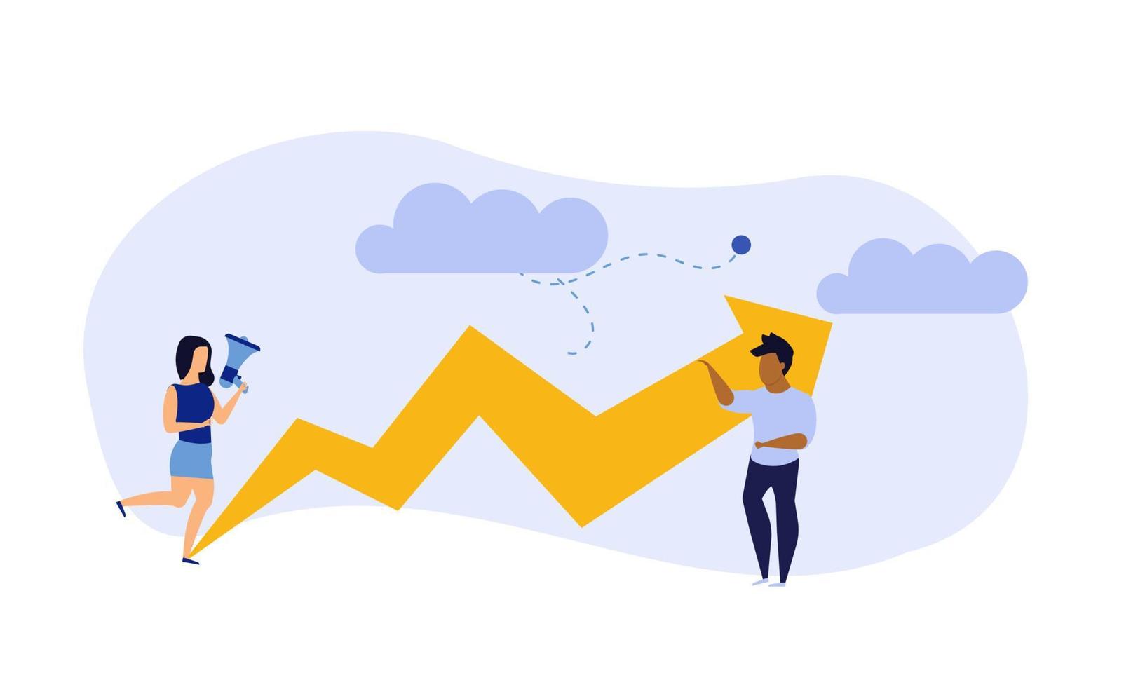 análisis de negocios en la empresa de liderazgo de vector de flecha de nube. la gente desafía el trabajo en equipo. ilustración de concepto de marketing de trabajo plano. crecimiento con el servicio de inversión de cohetes. resultado de tendencia de hombre y mujer