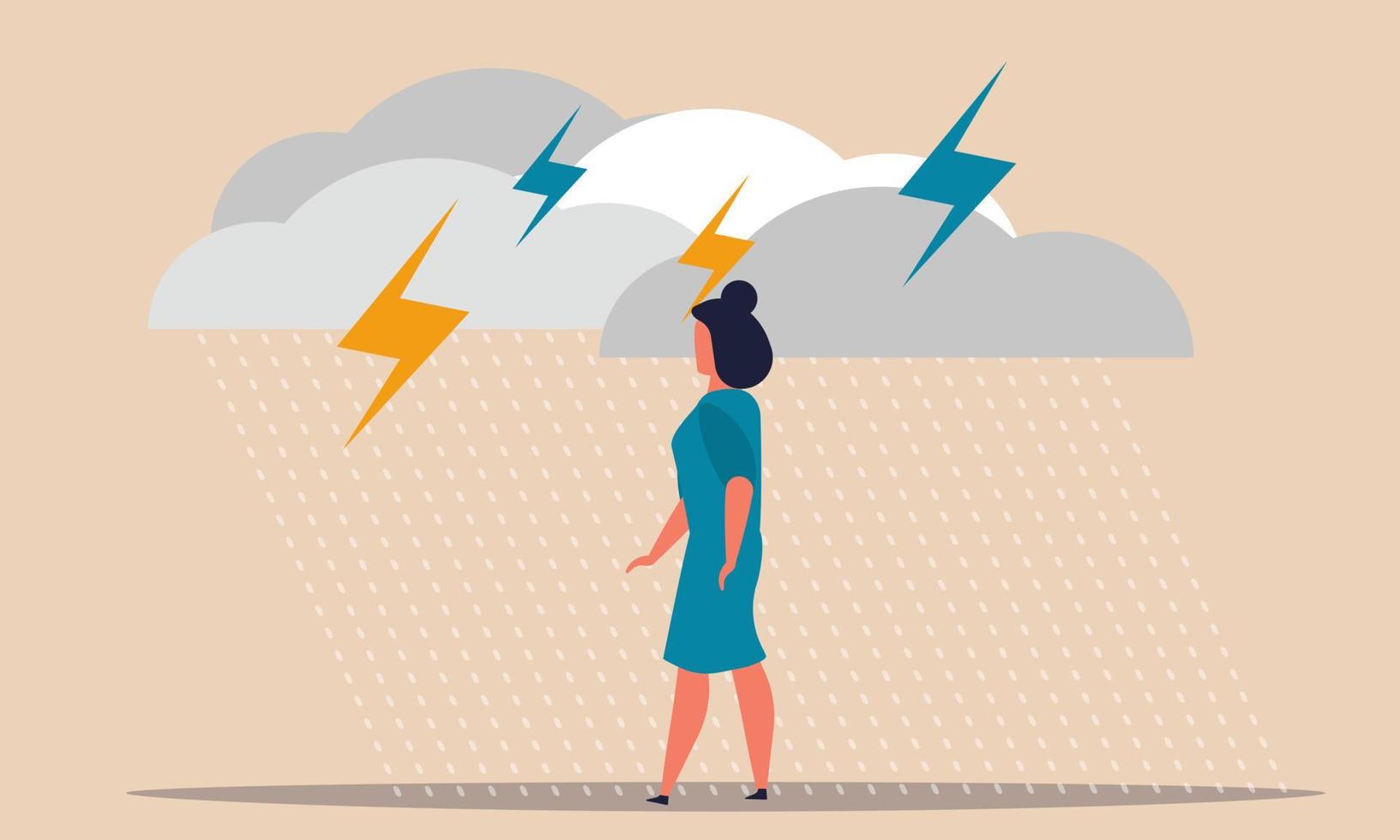 Woman mental health and sitting alone. Human issues problem and therapy frustrated feel vector illustration concept. Confusion and depressed girl with rain cloud. Mindfulness and emotional character