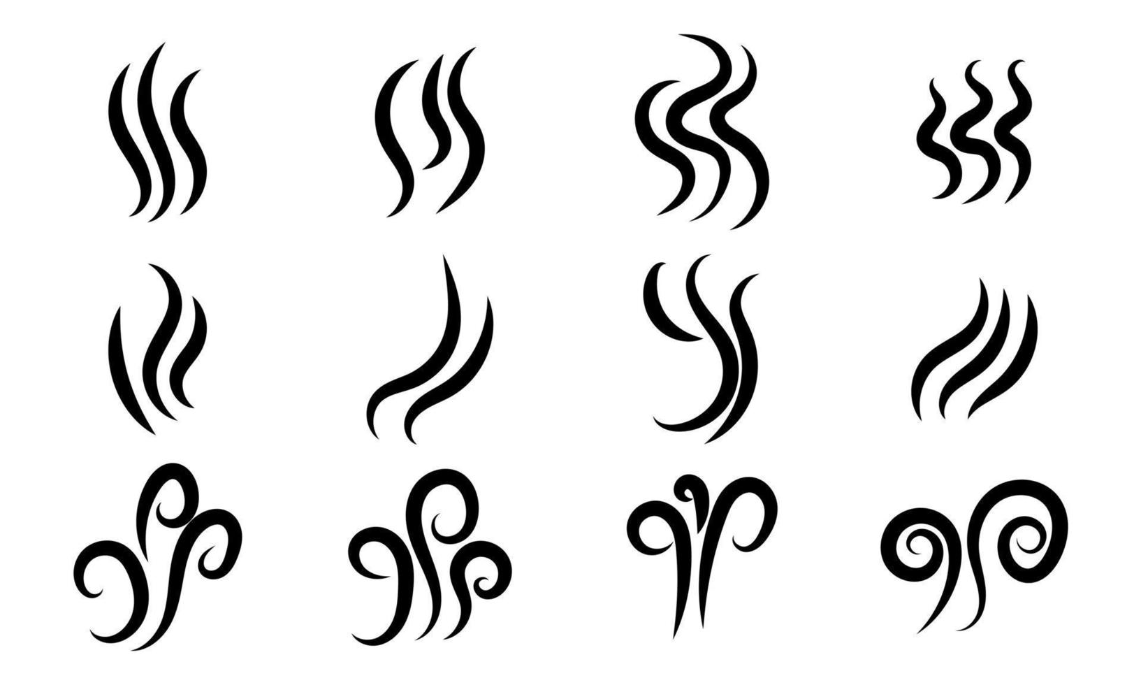 Aromas vaporize icons set. Steam aroma black logo smoke or perfume vapor smell. Hot aroma steam grill stink fire flat flame smoke. Mist puff vapour odour silhouette. Fume black icons set gas shape vector