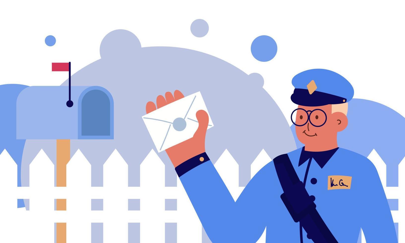 Postman office post and express service. Mailman delivery correspondence to mailbox and envelope vector illustration. Courier cartoon and documents logistics. Cheerful postal character with suit