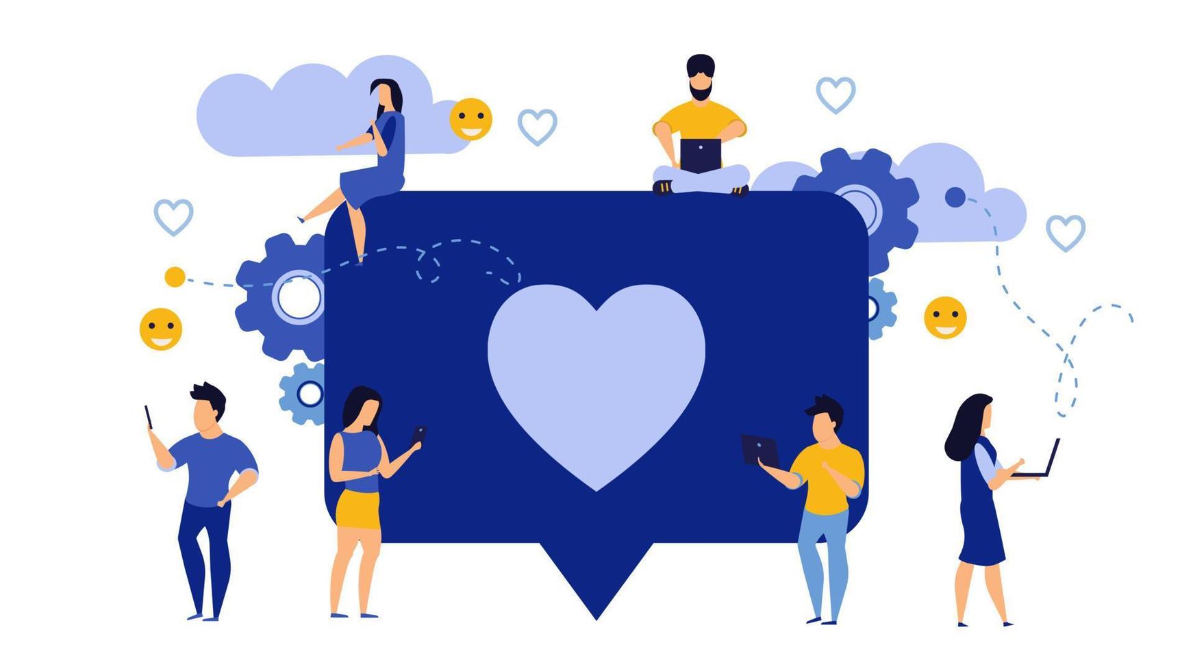 Social media like business feedback message vector. Networking internet people man and woman illustration. Concept follow heart love character repost marketing. User customer group background vector
