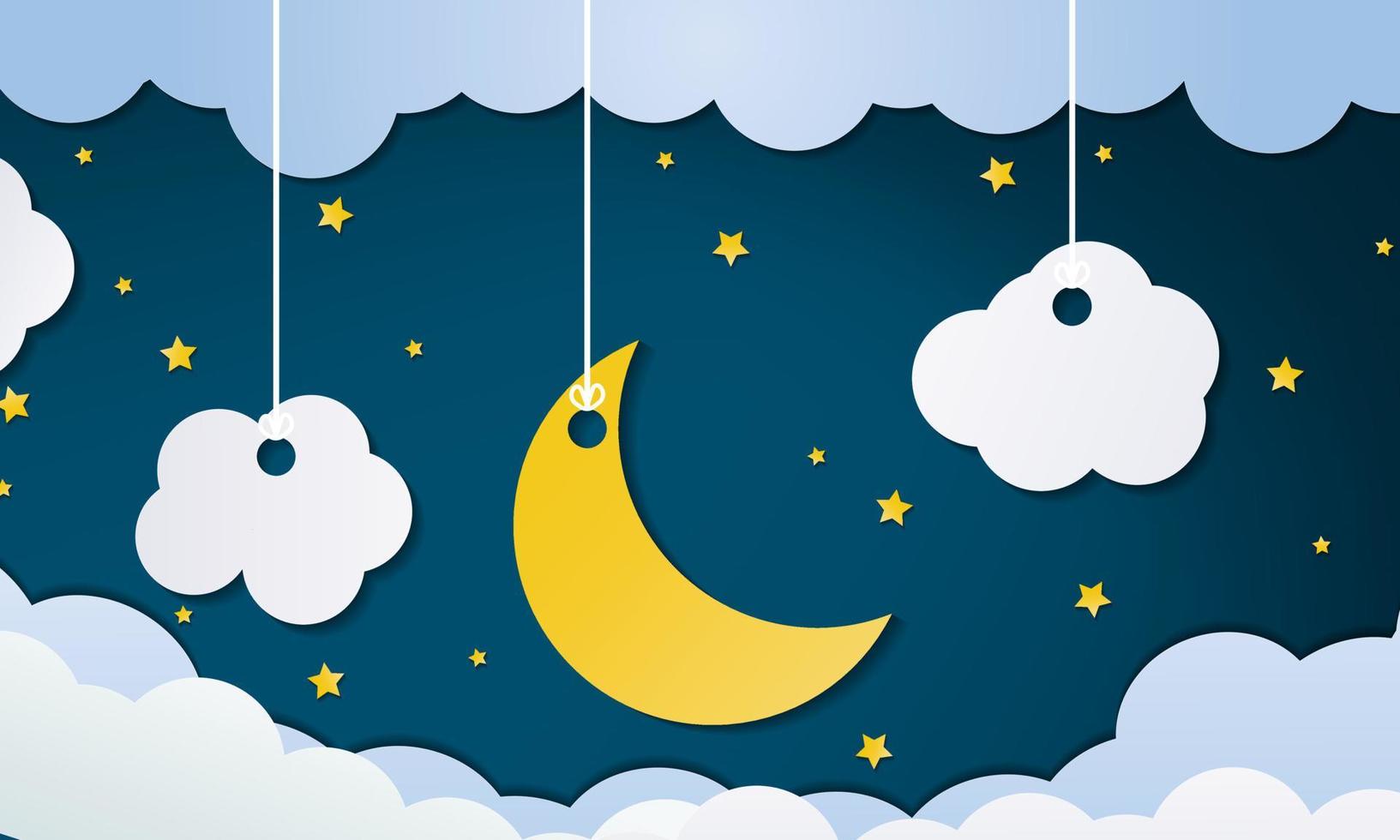 Night sky background in paper style with yellow moon and stars hanging on a string. Fantastic night sky vector illustration concept