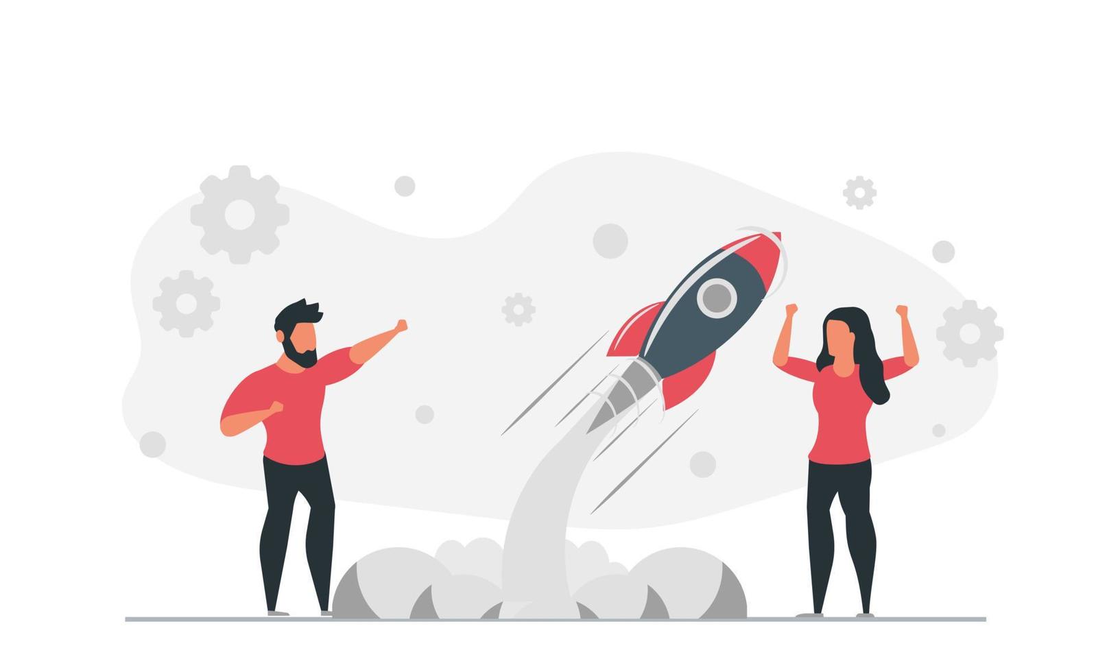 Life of a startup man and woman launch a rocket together. People together develop innovative business product to market concept vector illustration