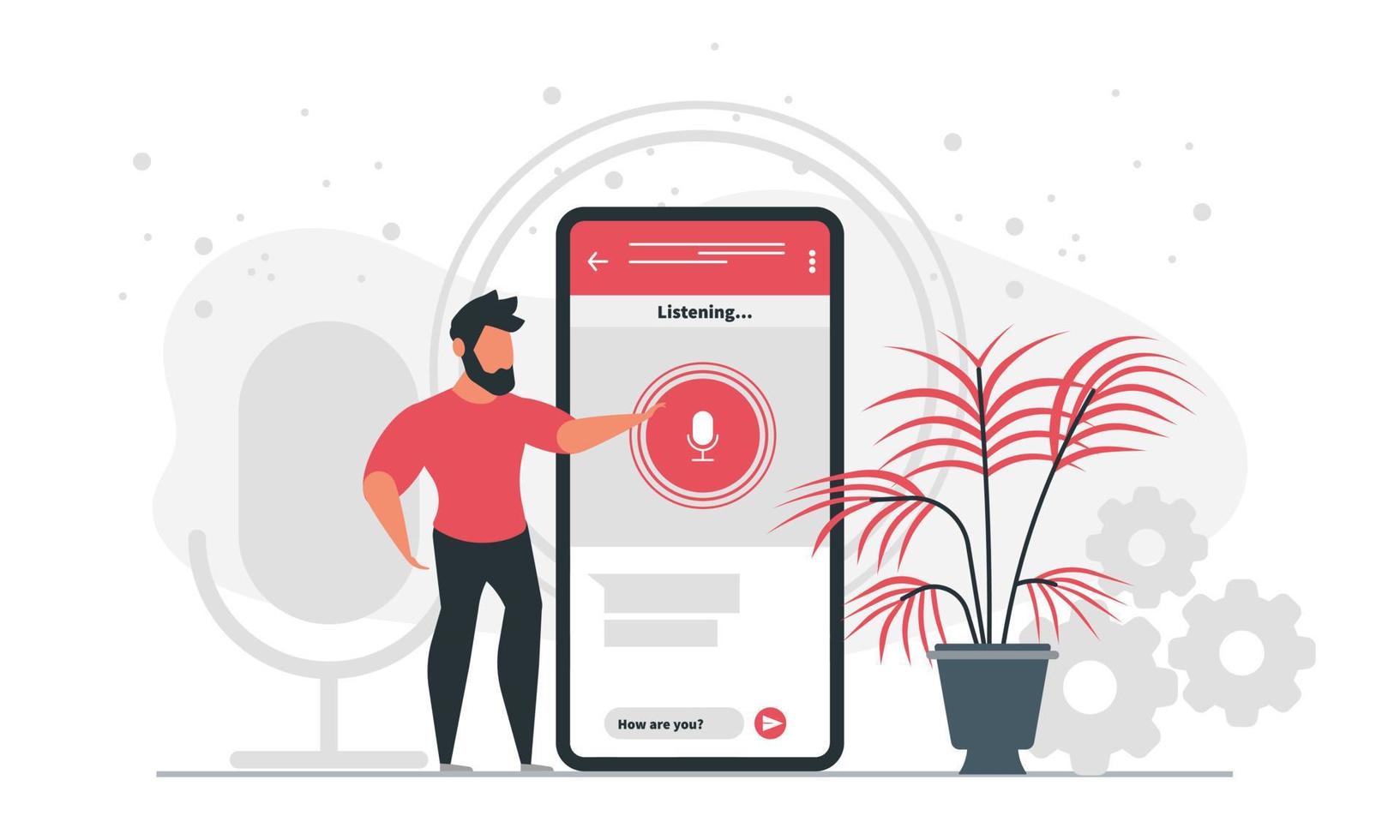 Speech to text technology illustration concept. A man translates speech into text online using the phone, light conversation with people. Online conversation vector illustration