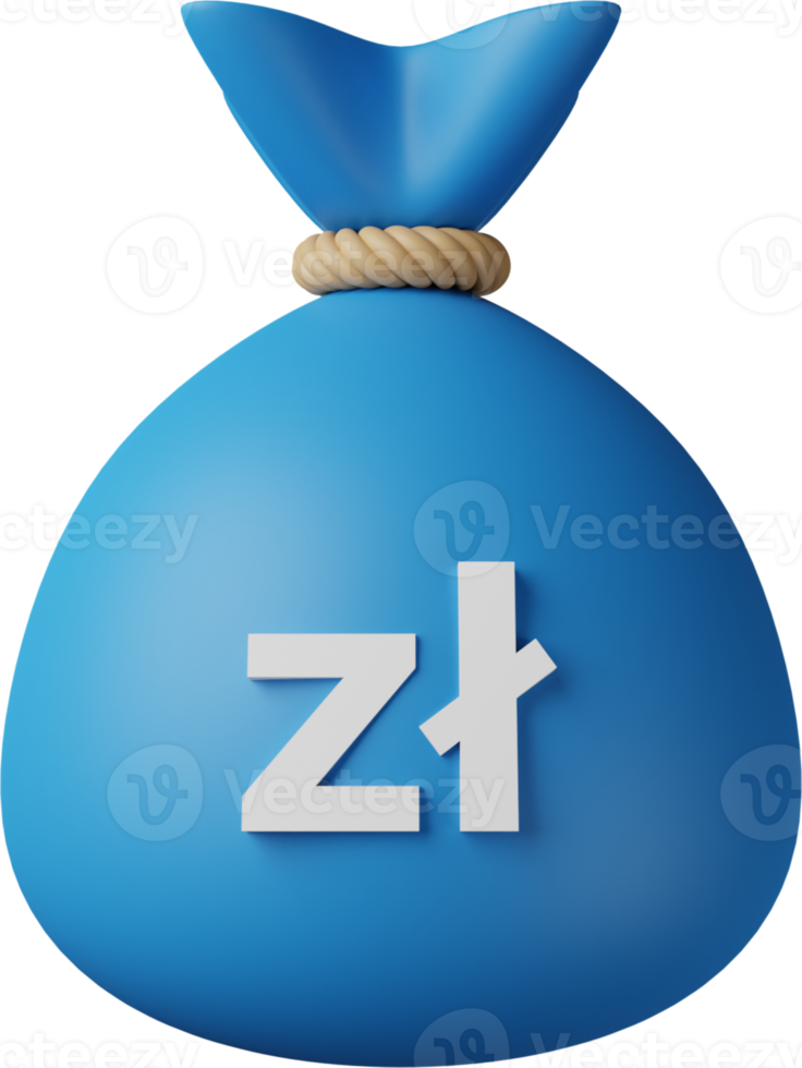 Blue Money Bag Zloty 3D Illustration png