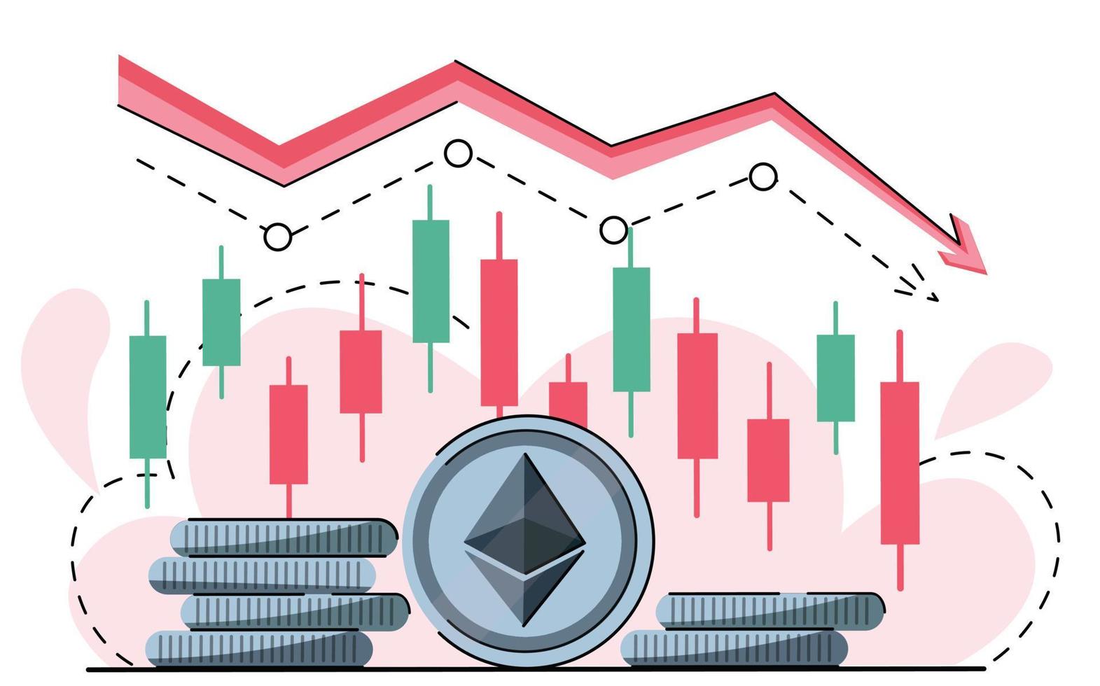 llevar tendencias de ethereum. llevar flecha roja hacia abajo en el mercado de criptomonedas. precio ético, mercado bajista. tendencia criptográfica a la baja. velas japonesas y moneda de éter con logo. vector aislado en blanco