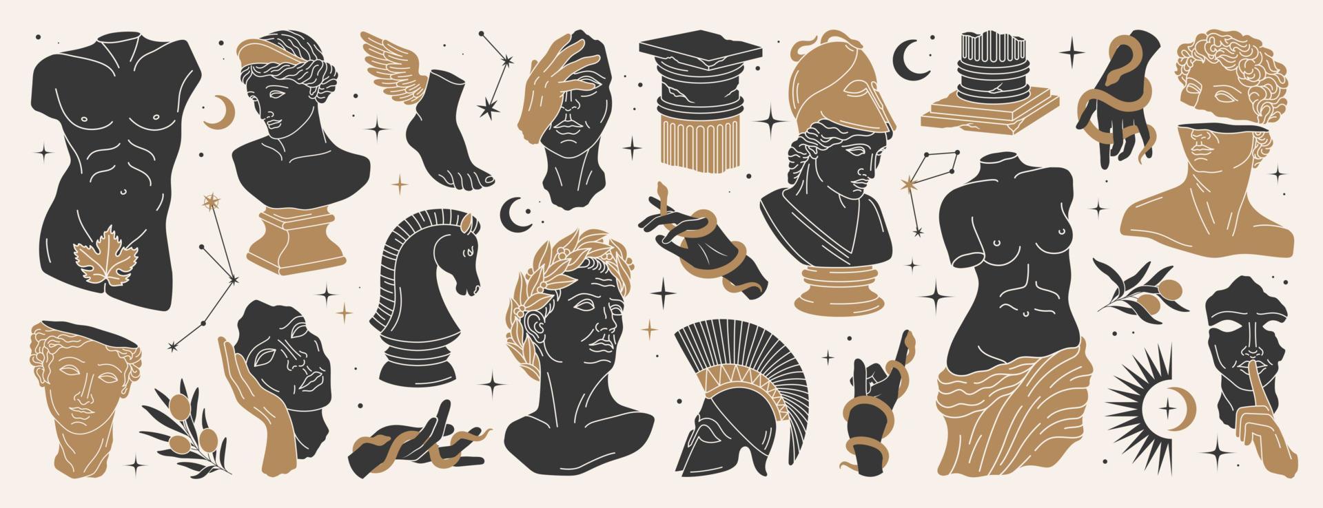 Antique aesthetic statues of mystical god, olive branches, hands, stars, ruined column, amphora. Black silhouette with gold elements for poster, wall, pattern. Isolated Greece statues in modern style vector