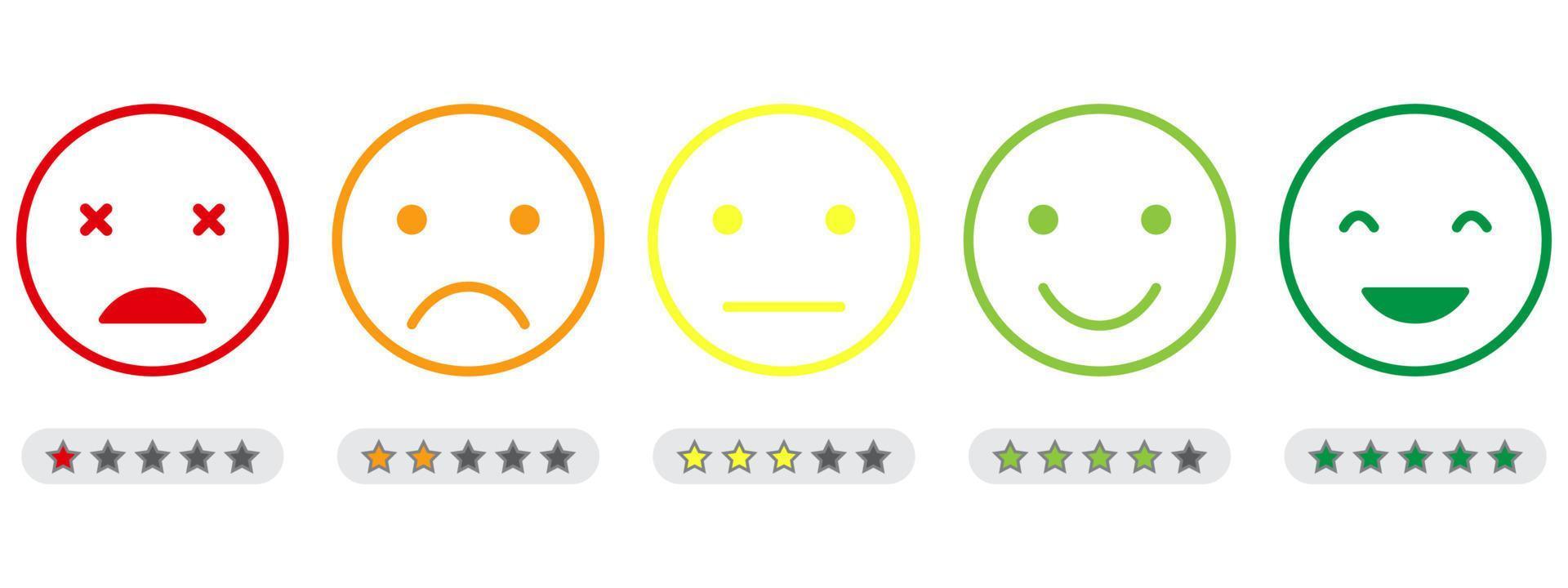 escala de retroalimentación emoji con icono de línea de estrellas. el estado de ánimo de los clientes desde una buena cara feliz hasta un concepto enojado y triste. retroalimentación de emoticonos. encuesta de nivel de satisfacción del cliente. ilustración vectorial aislada vector