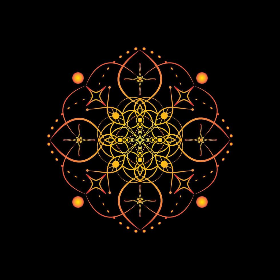 Gradient mandala on a black background. Vector boho mandala in yellow and red colors. Mandala with floral patterns. Yoga template