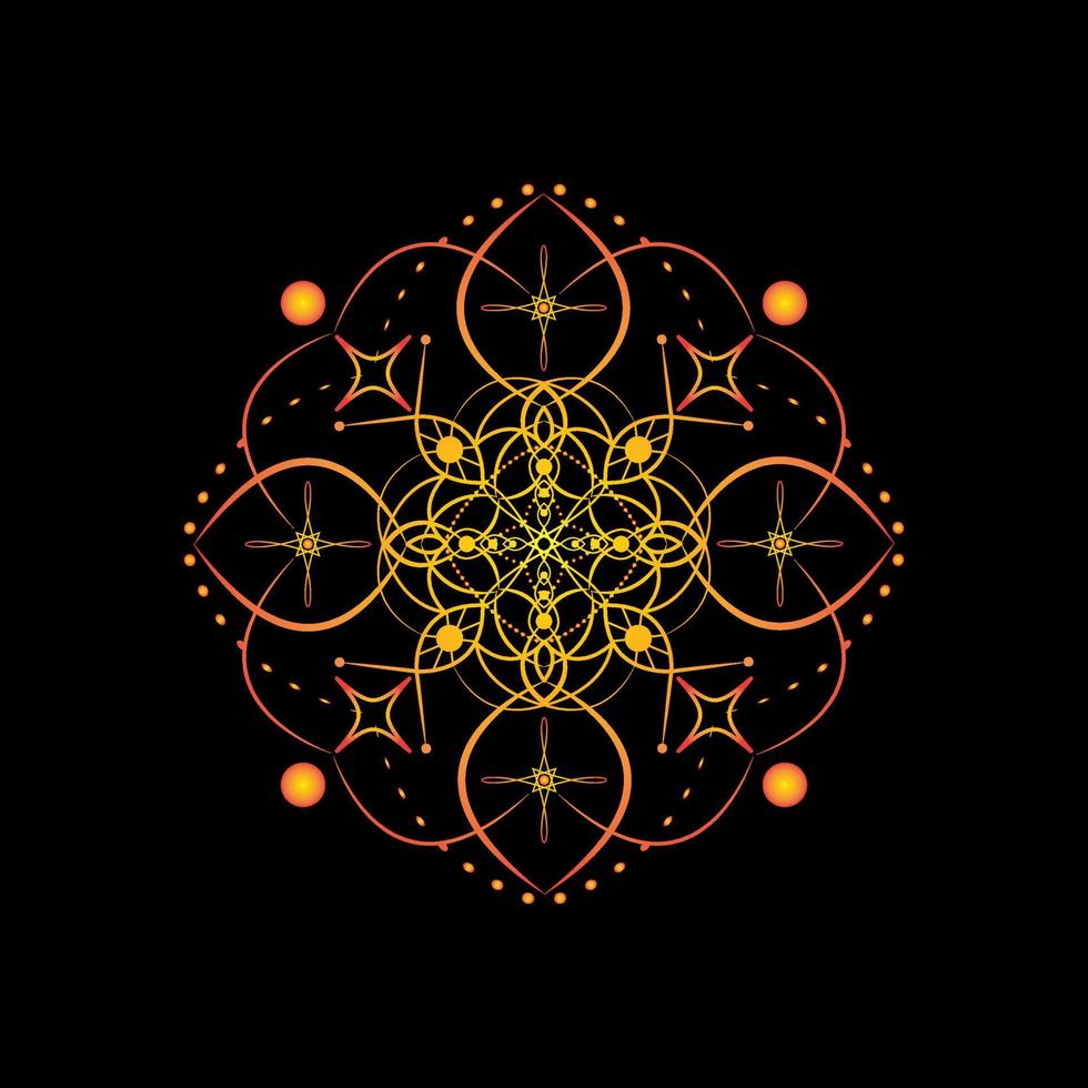 Gradient mandala on a black background. Vector boho mandala in yellow and red colors. Mandala with floral patterns. Yoga template