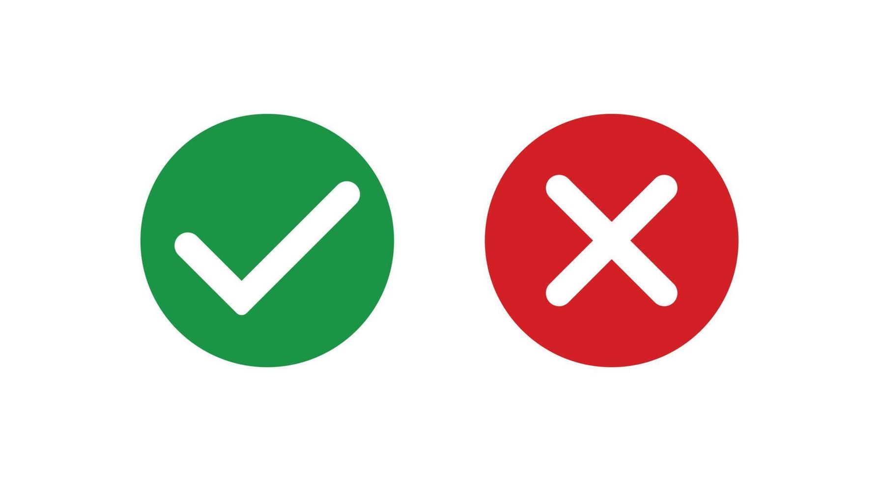 Checkmark icons set. Tick and cross sign. Green check mark and red X cross icon isolated on white background. Simple marks graphic flat design. Circle shape YES and NO button. Vector illustration.