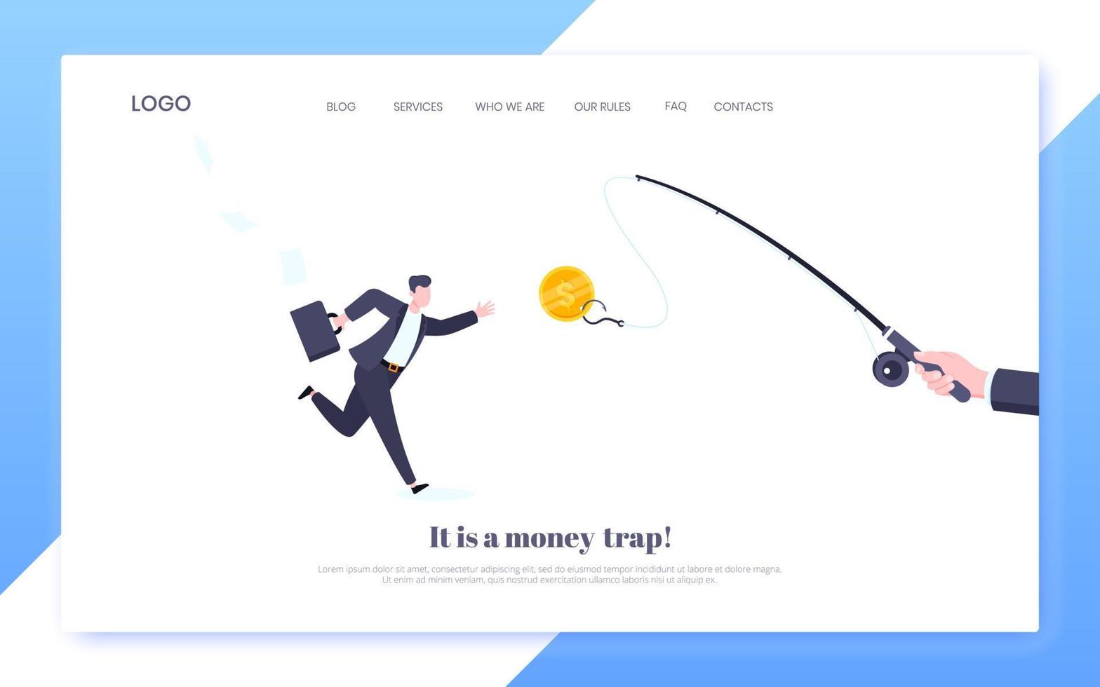 Fishing money chase business concept with businessman running after dangling dollar and trying to catch it. vector