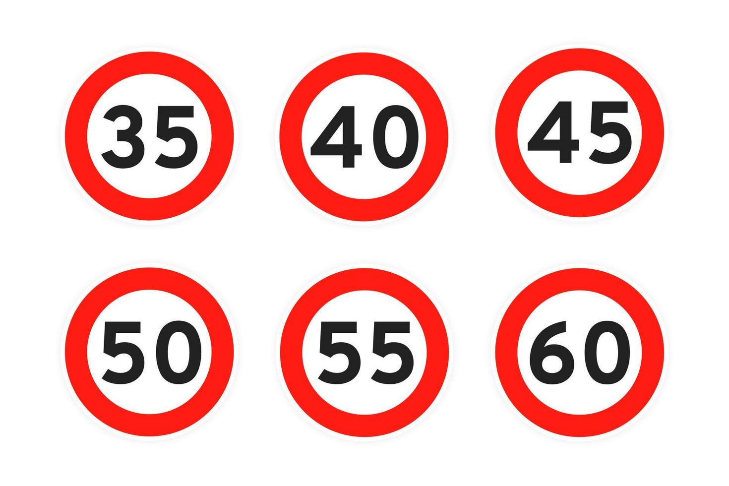 Speed limit 35, 40, 45, 50, 55, 60 round road traffic icon sign flat style design vector illustration set