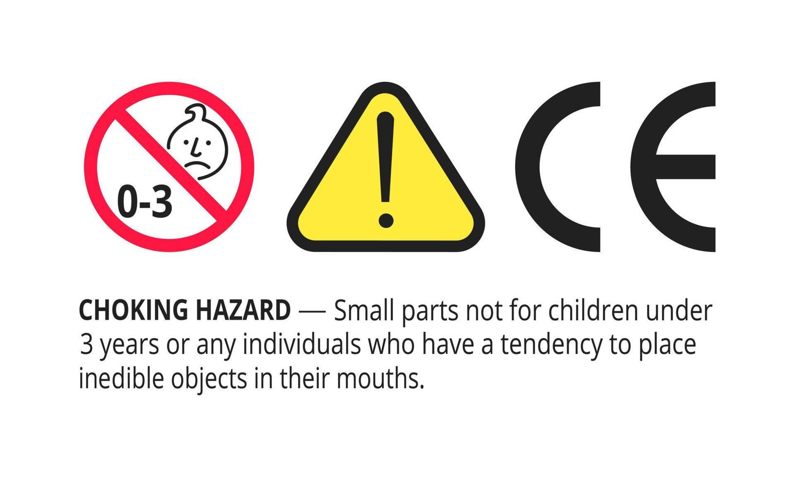 Choking hazard forbidden sign sticker not suitable for children under 3 years isolated on white background vector illustration. Warning triangle, sharp edges and small parts danger.