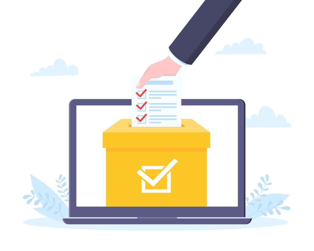 Online voting concept flat style design vector illustration. Giant hand puts ballot to the urn on laptop screen online survey concept.