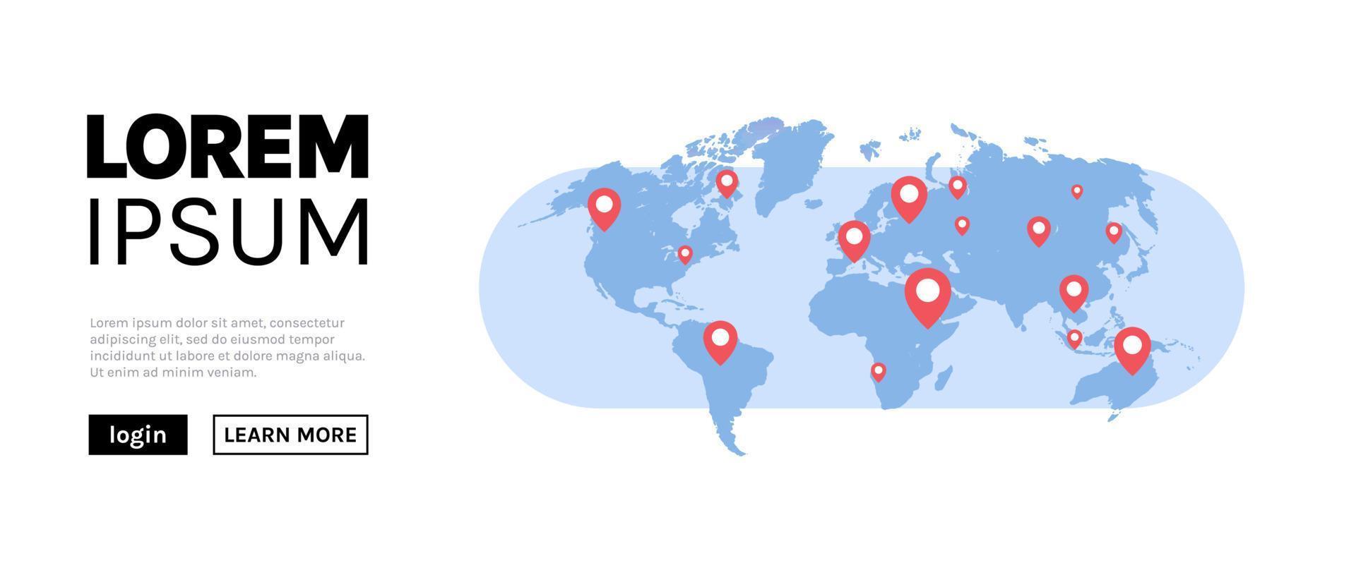 pines de mundos de mapa mundial e ilustración de vector plano de concepto de viaje.