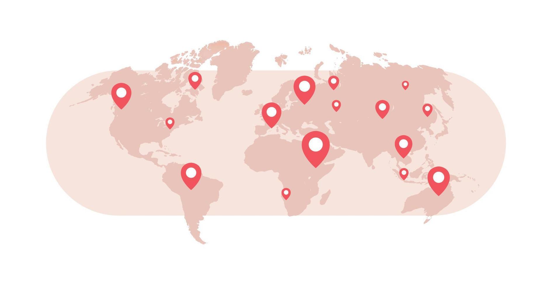 pines de mundos de mapa mundial e ilustración de vector plano de concepto de viaje.