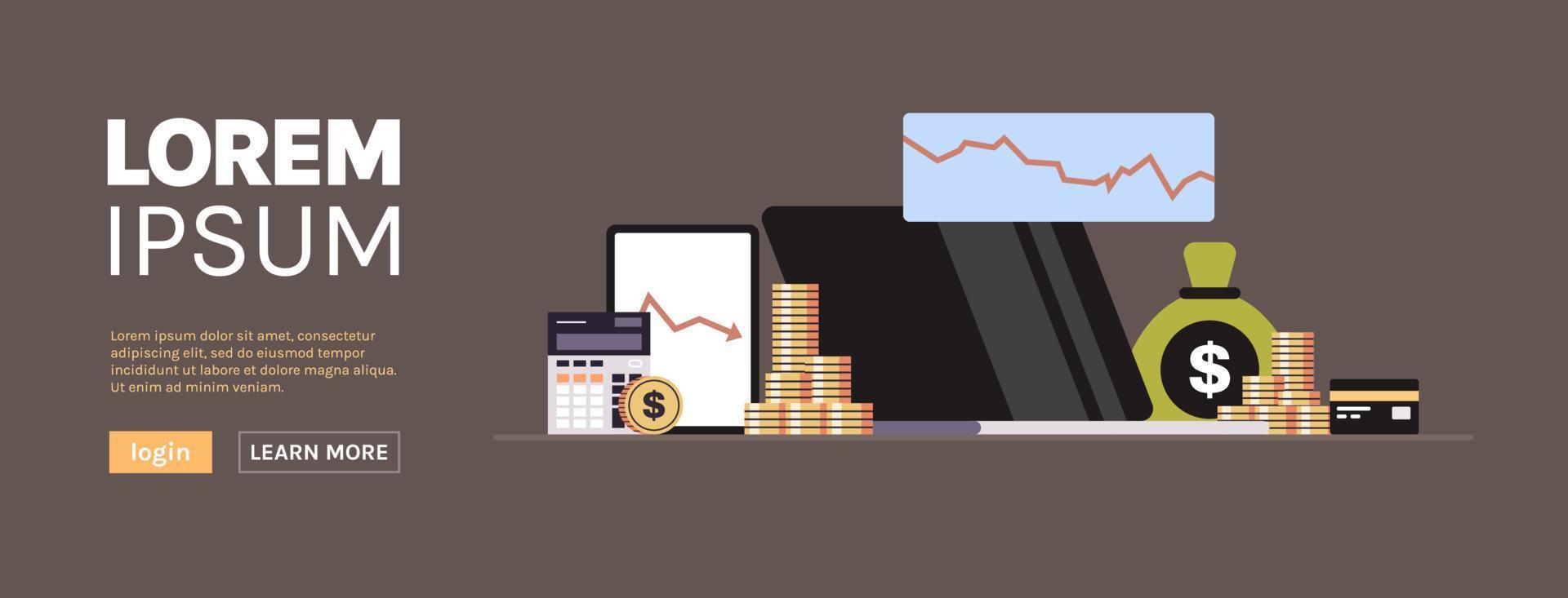 Falling diagrams graphs economic financial crisis stock market banking investment failure budget collapse and money bag, credit card, calculator, tablet, laptop with data concept horizontal. vector