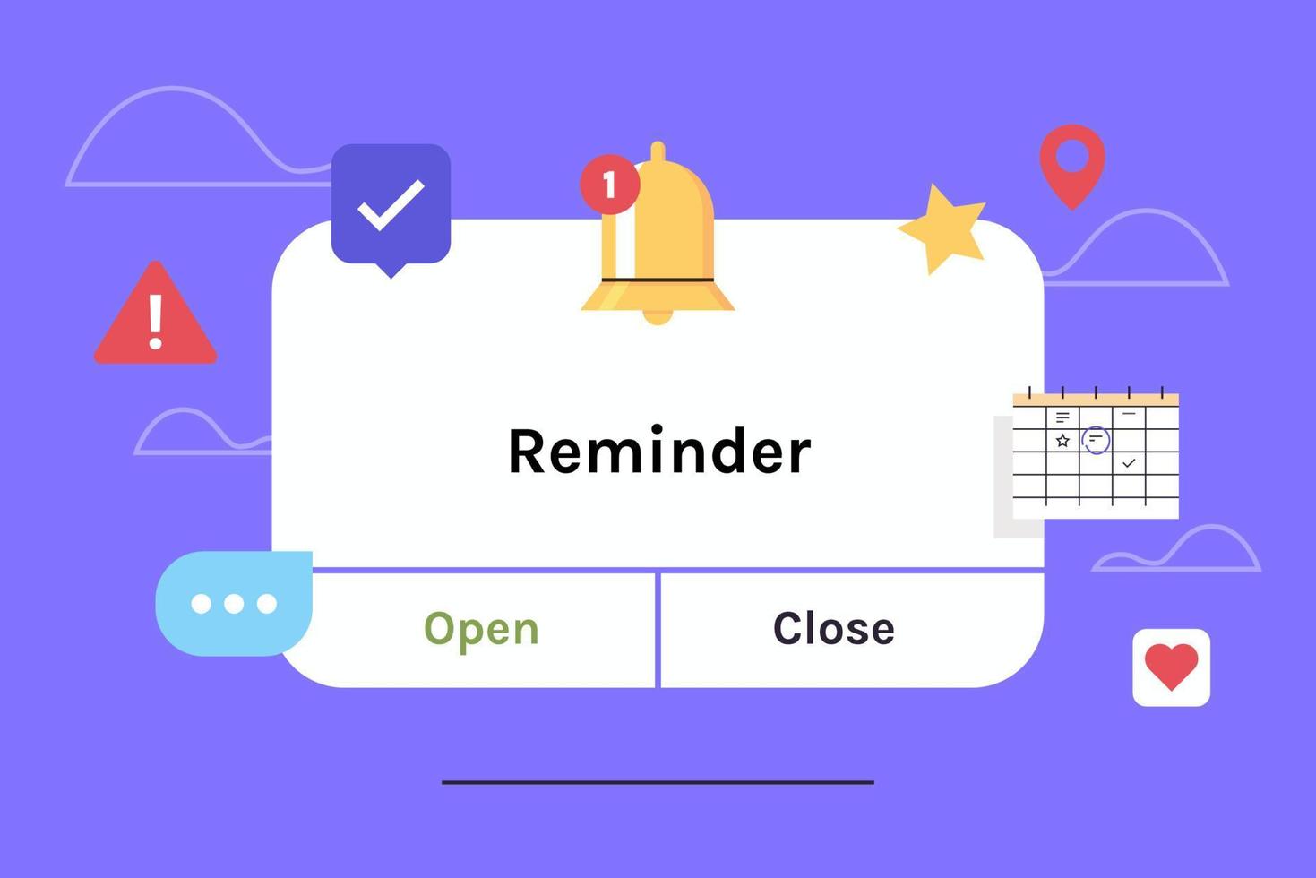 Reminder, notification page with floating elements and business planning, events, timetable flat vector illustration.