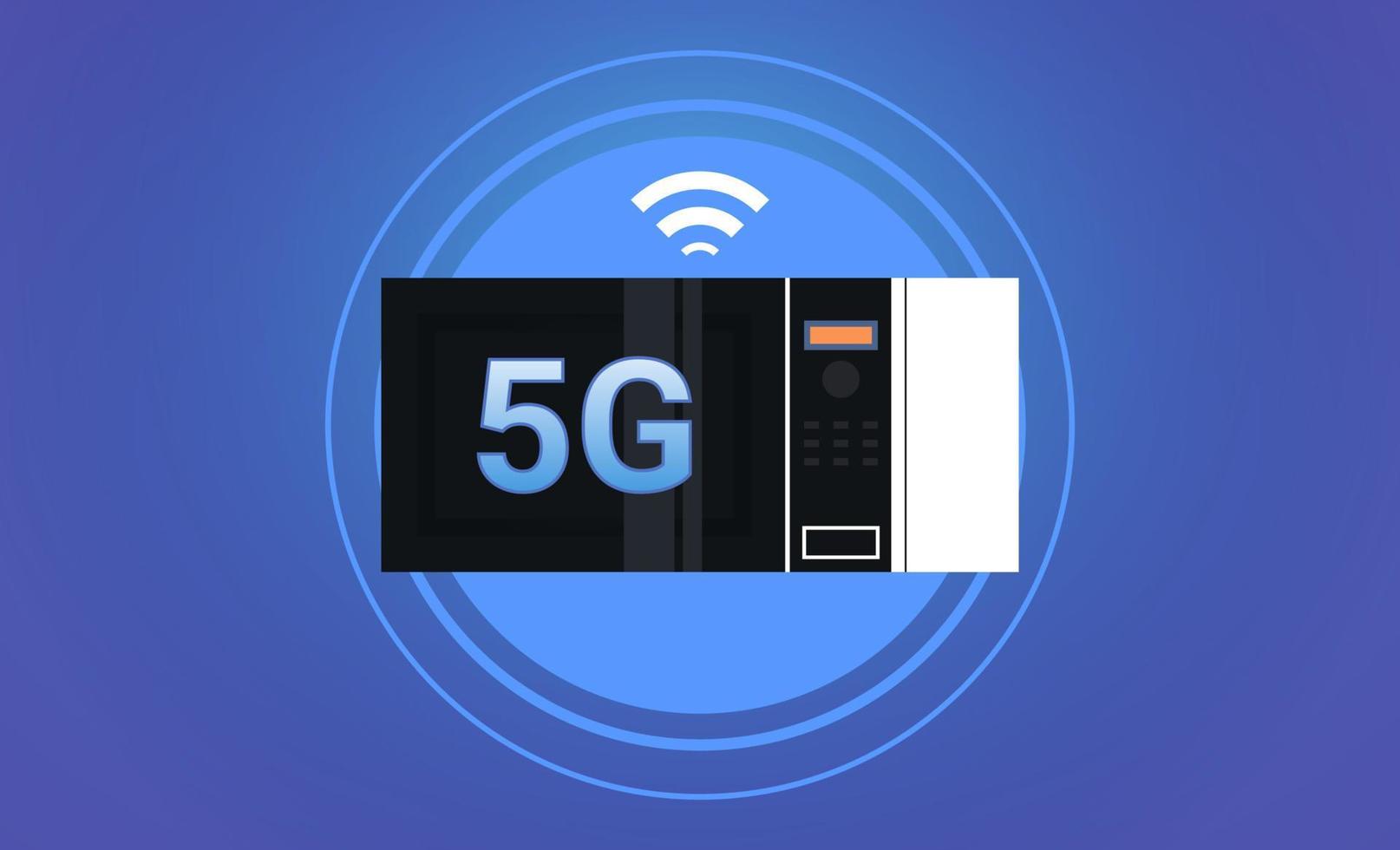Smart home appliance microwave oven 5g online wireless connection and fifth innovative generation of high speed internet concept horizontal flat vector illustration.
