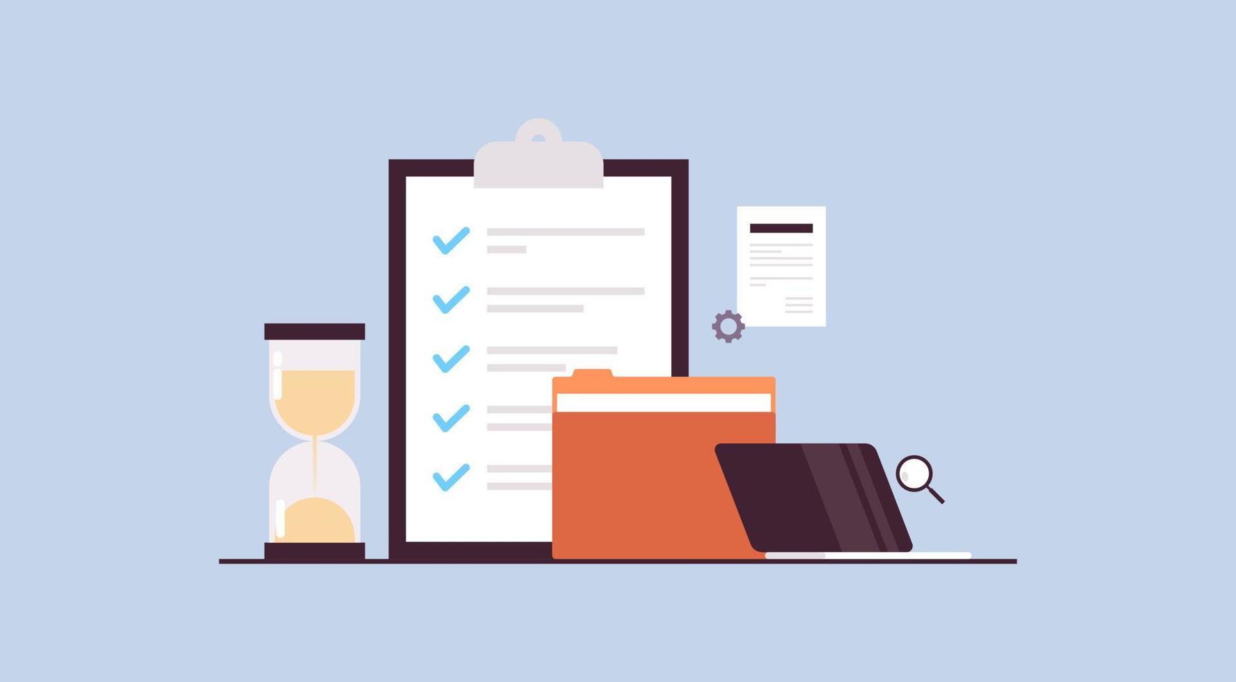 Checklist survey project management working together paper document success planning schedule concept flat vector illustration.