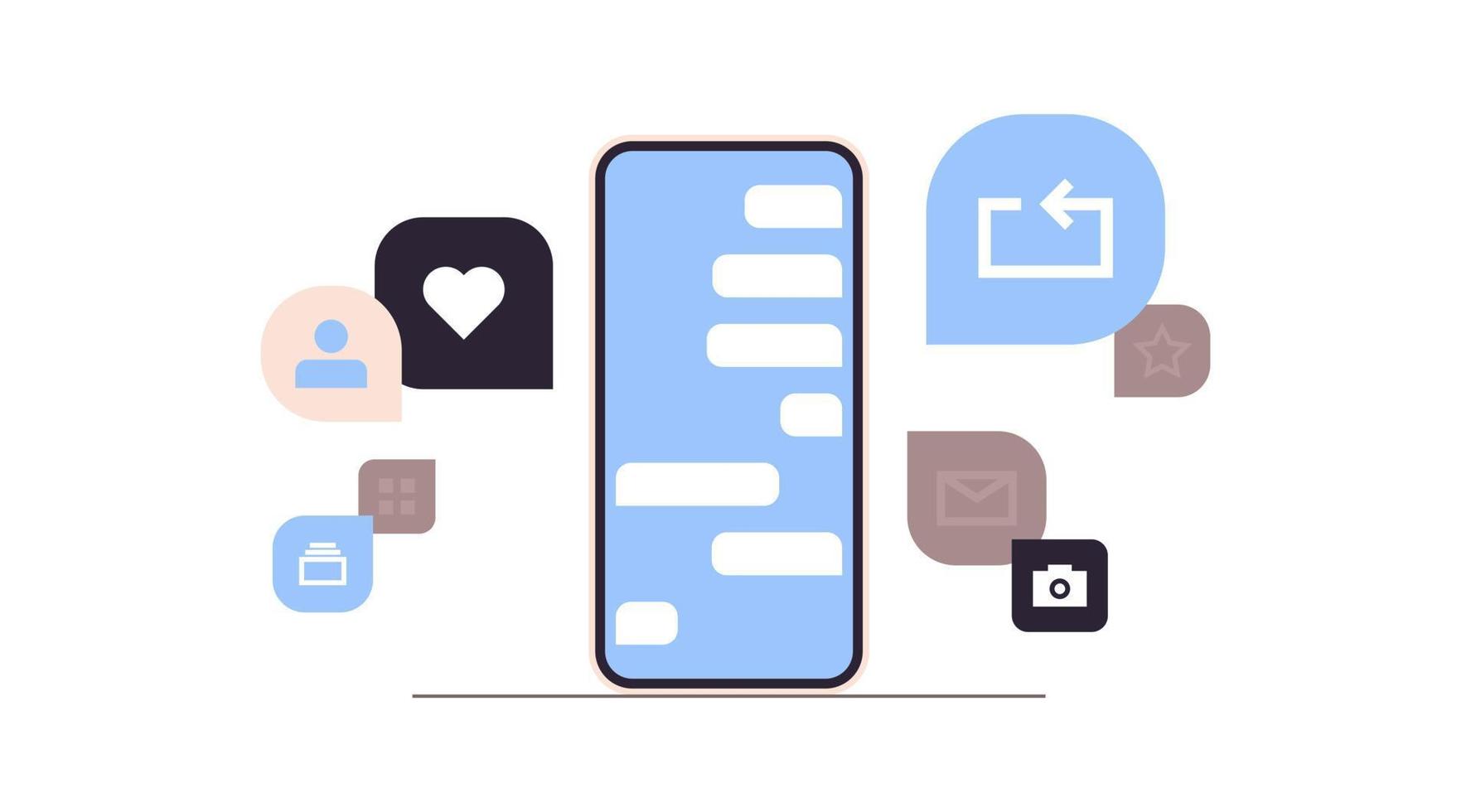 teléfono inteligente con iconos de redes sociales y variedad de iconos de aplicaciones simples concepto de comunidad de red de Internet ilustración de vector plano horizontal.