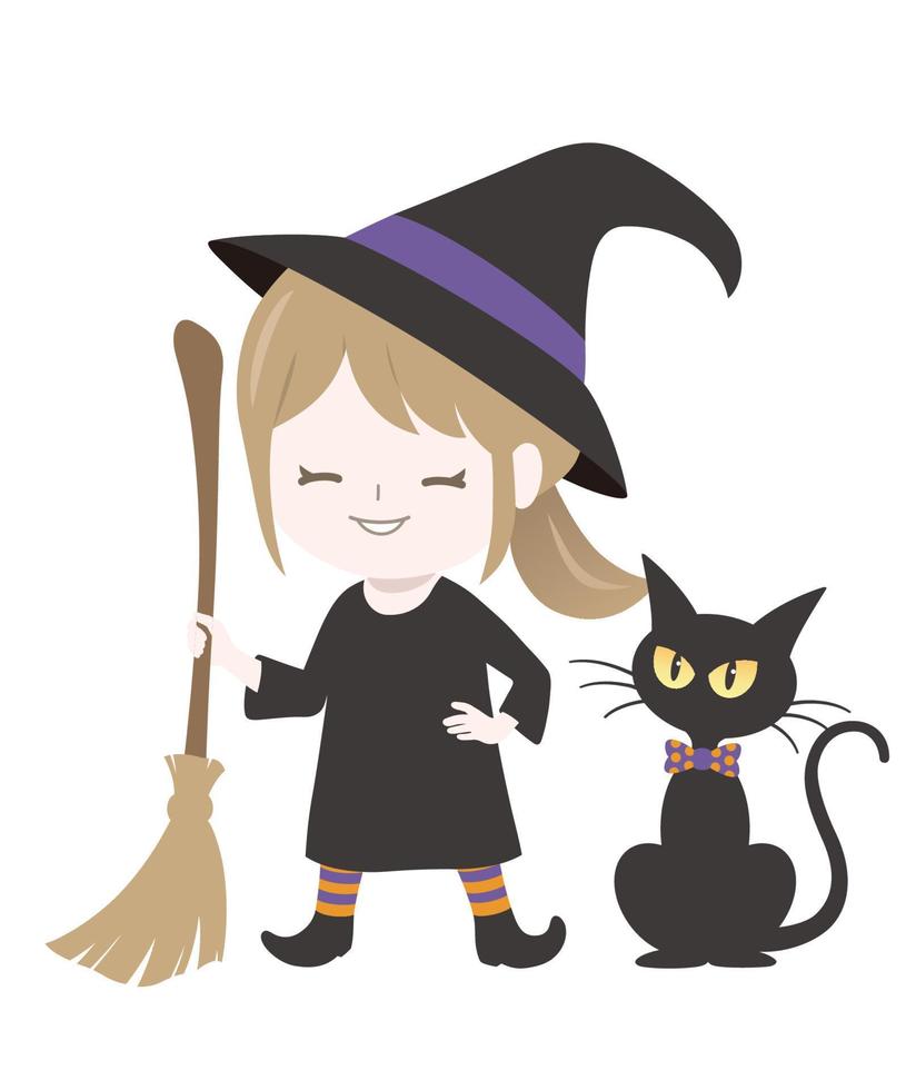 Cute Witch With A Black Cat Holding Her Magic Brooms Isolated On A White Background. Vector Halloween Illustration.