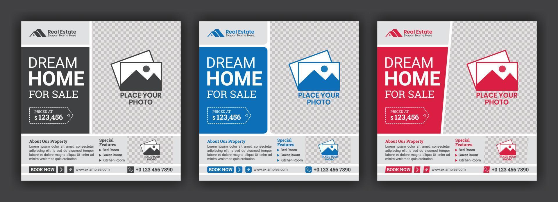 publicación de redes sociales de bienes raíces de venta de casas modernas o plantilla de diseño de banner cuadrado vector