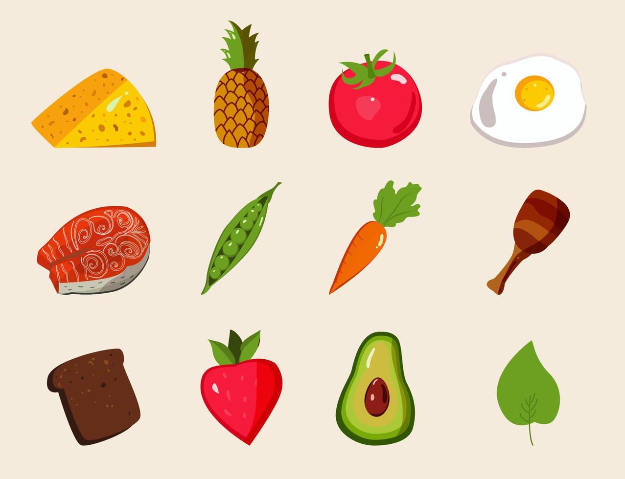 wide variety of colorful healthy food, a set of vegetables and products. Vector illustration.